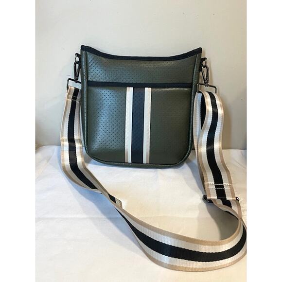 Haute Shore Blake Neoprene Black Green White Stripe Crossbody Bag - Picture 3 of 9